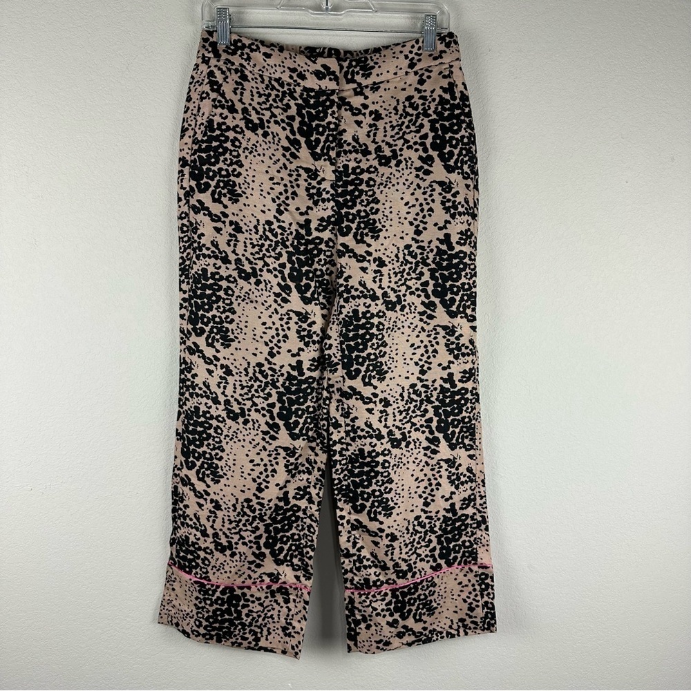 J.Crew Brown Black Leopard Print High Rise Linen Blend Peyton Wide Leg Pants 6